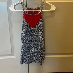 Lucky Brand Cami Top Bohemian Medallion Print Red Mesh Upper Blue Cotton